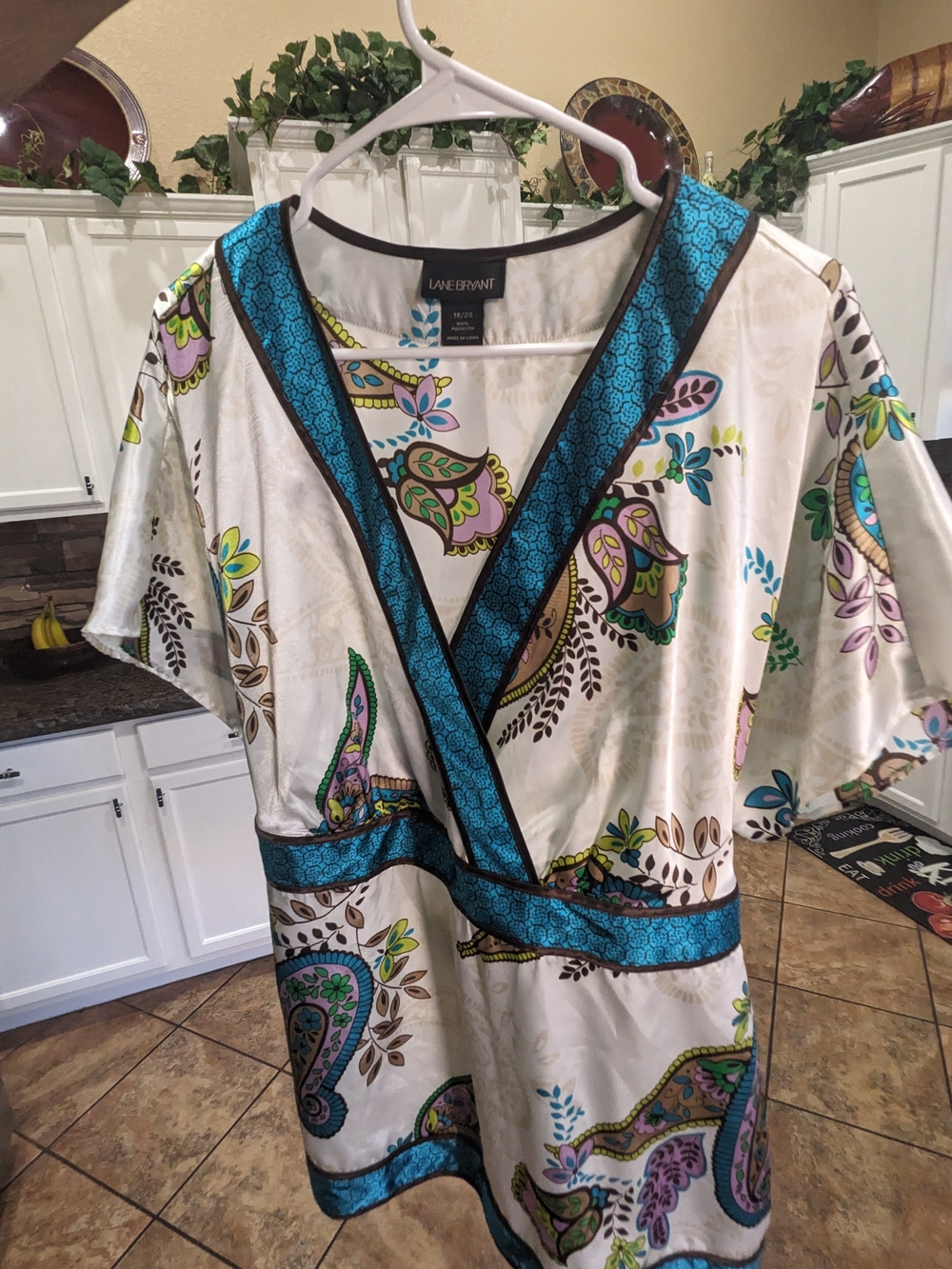 Lane Bryant Cream Paisley Wrap Blouse with Teal Trim